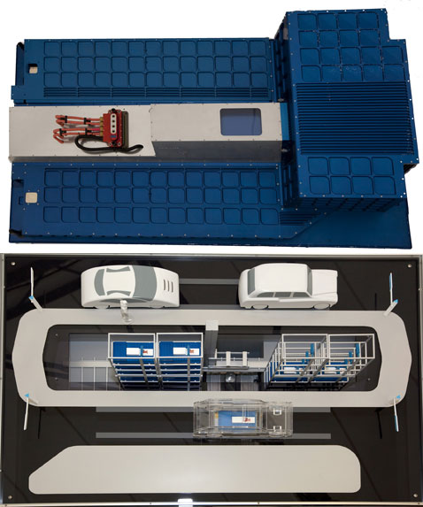Аккумуляторный блок со специальным разъёмом и общая схема коммерческой станции замены батарей